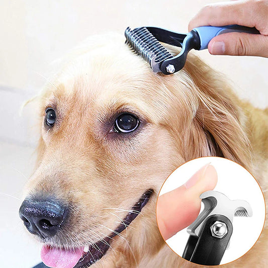 A dog being groomed with a grooming tool, with a close-up on the grooming tool handle.