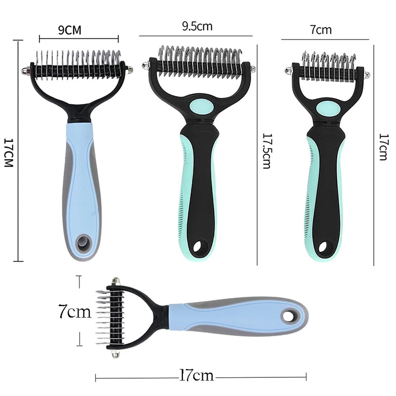 Four views of a blue and black pet grooming tool with measurements.