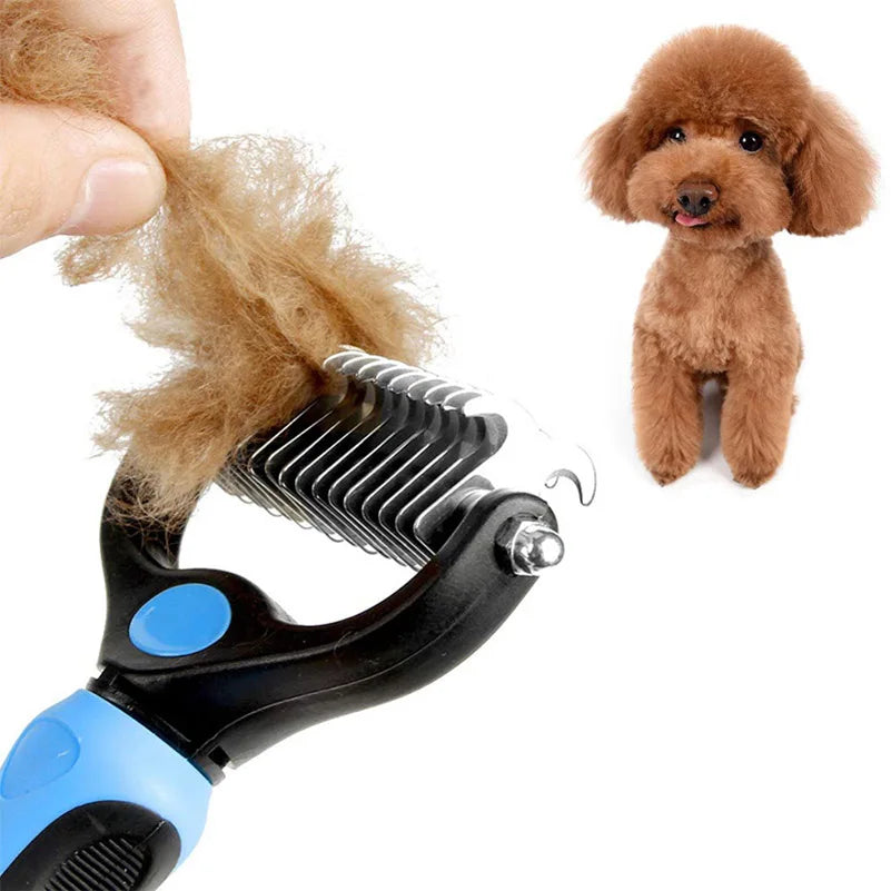 Using a pet grooming tool with fur beside an image of a dog.