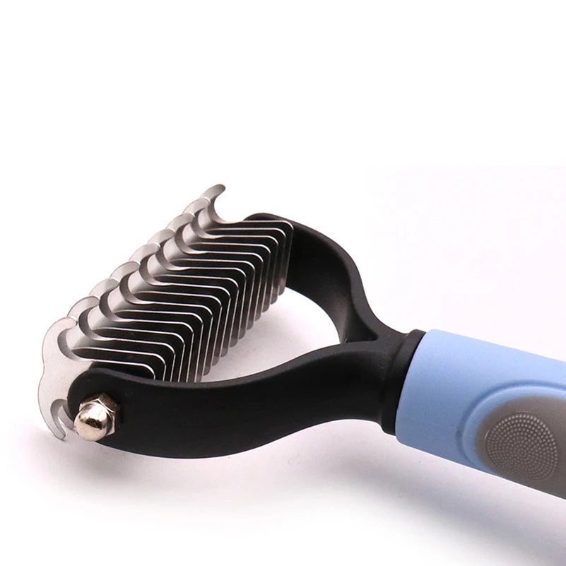 A blue and black pet grooming tool with metal blade.