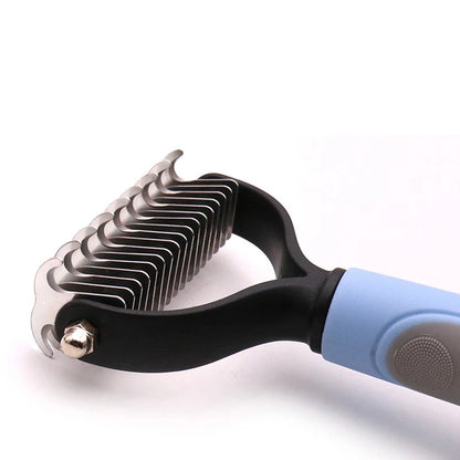 A blue and black pet grooming tool with metal blade.