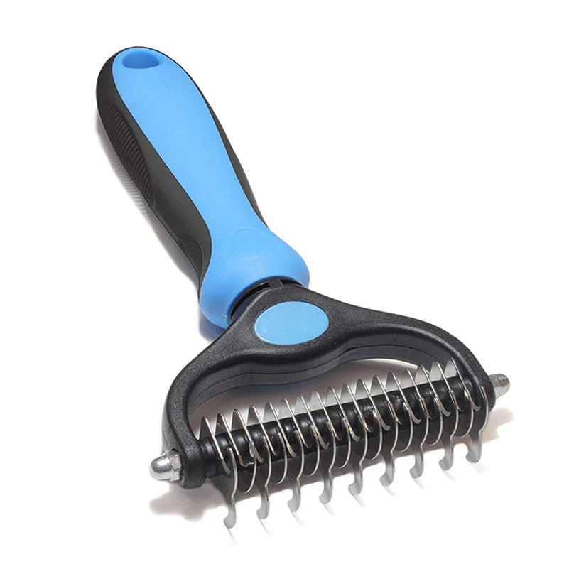 A blue and black pet grooming tool with a rubber handle and metal blade.