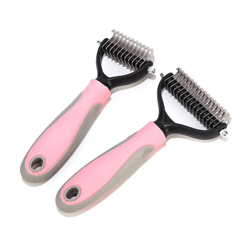 Two pink and black pet grooming tools with metal blade.