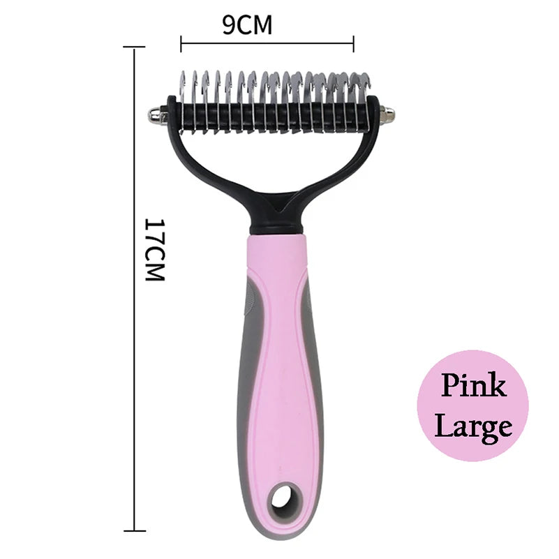 Large pink pet grooming tool with 9 cm wide head and 17 cm handle length with metal blade.