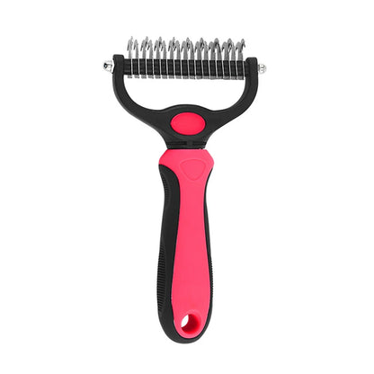 A black and red pet grooming tool with metal blade.