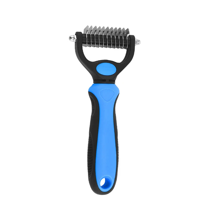 A small black and blue pet grooming tool with metal blade.