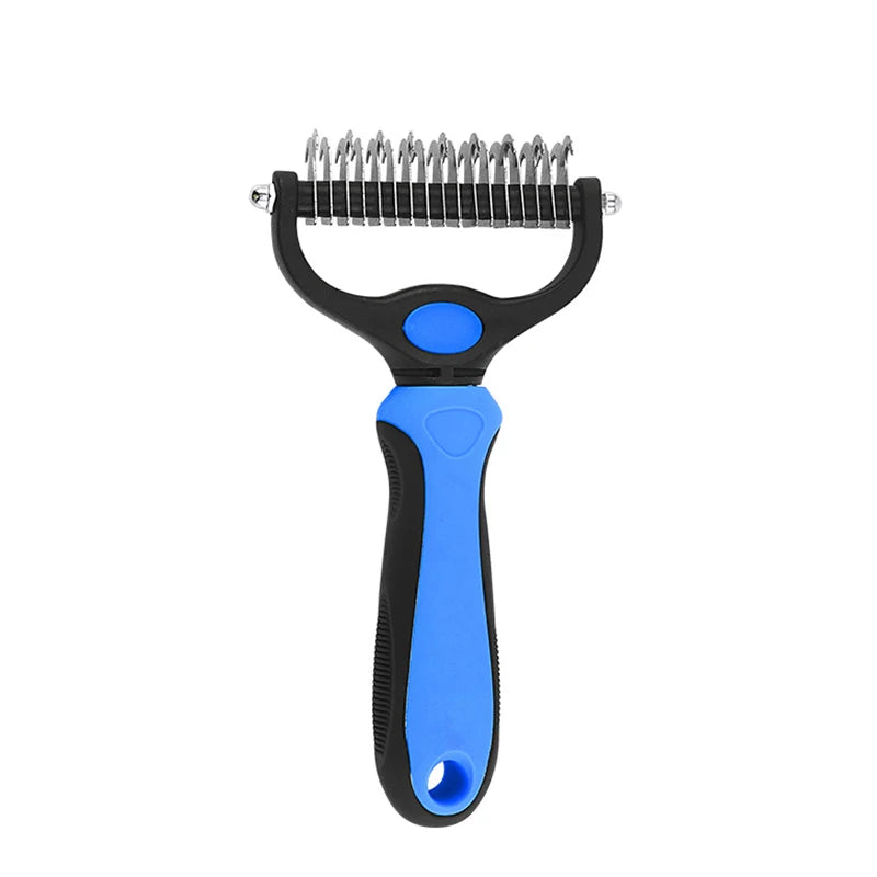 A black and blue pet grooming tool with metal blade.