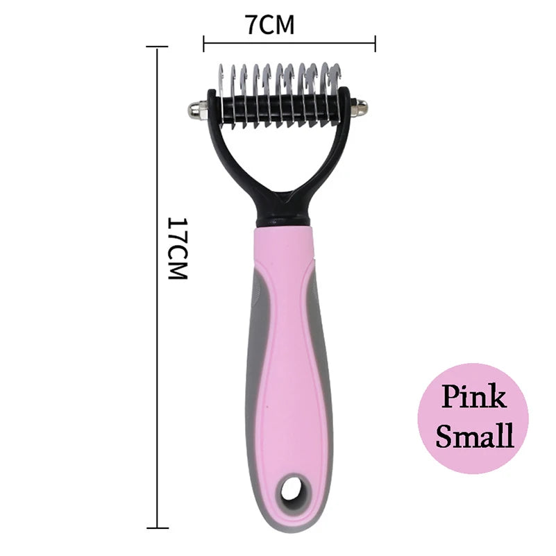 A pink and black pet grooming tool with dimensions marked: 17 cm height and 7 cm width with metal blade.