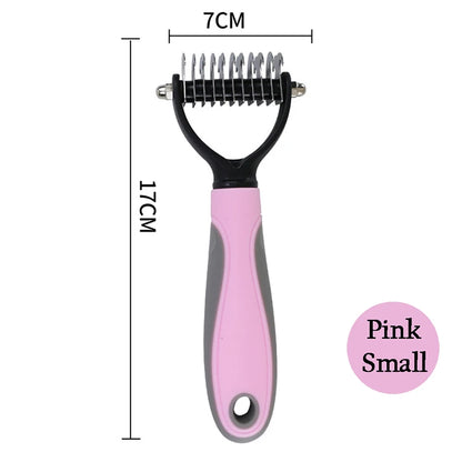 A pink and black pet grooming tool with dimensions marked: 17 cm height and 7 cm width with metal blade.