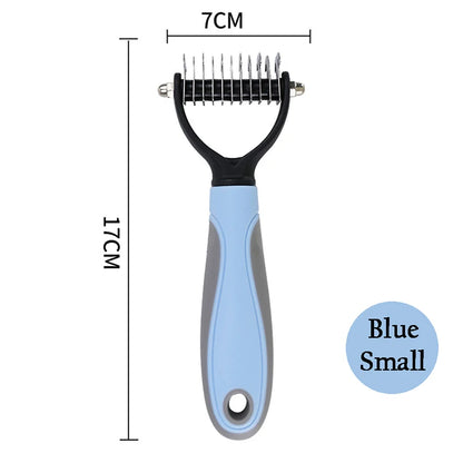A blue and black small pet grooming tool with dimensions labeled, 7 cm wide and 17 cm high, with metal blade.