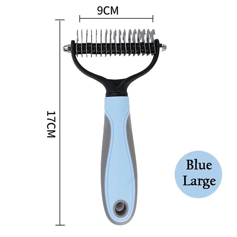 Blue and black grooming tool for pets, labeled "Blue Large" with dimensions "11CM" and "9CM." with metal blade.