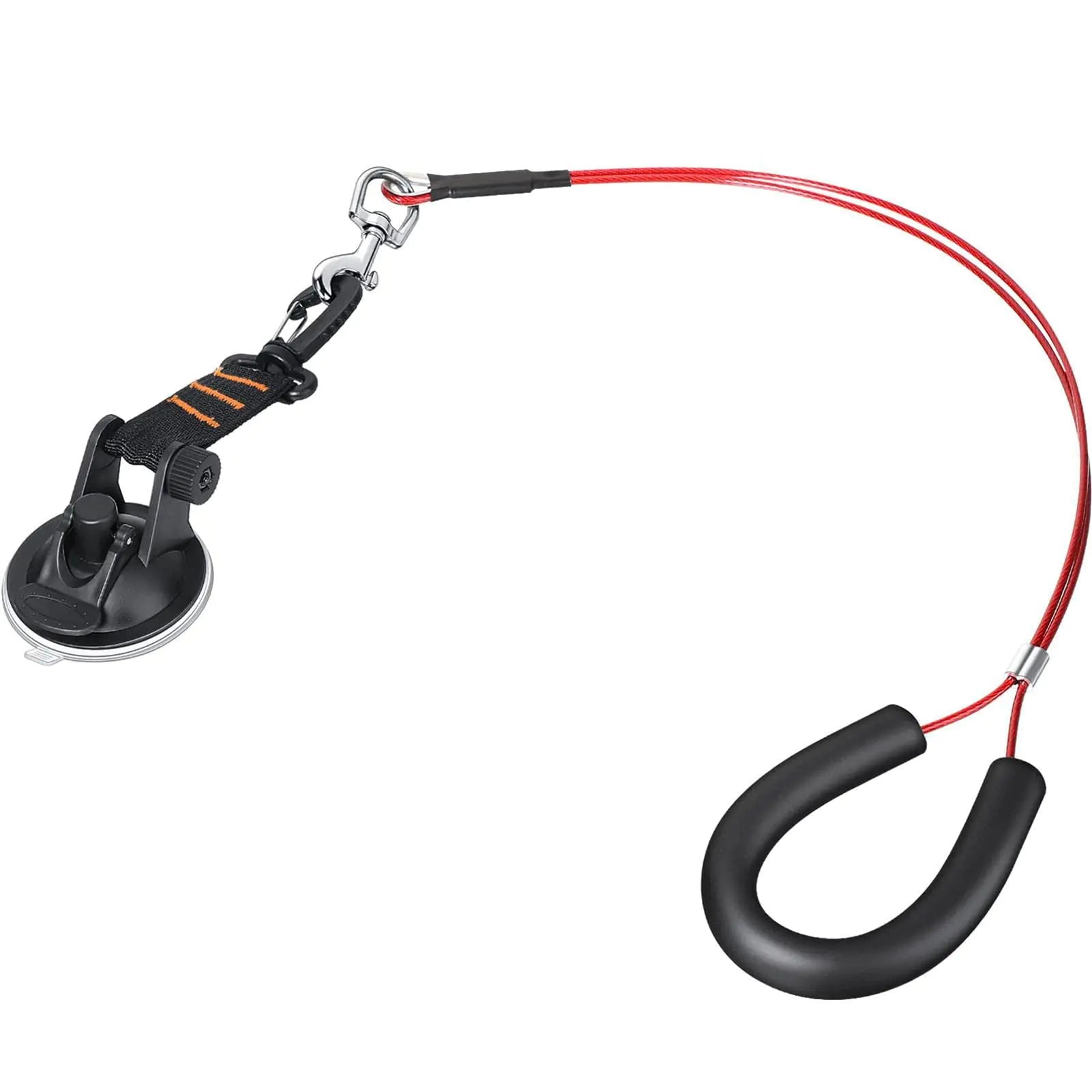 Black carabiner with red rope and suction cup on a white background
