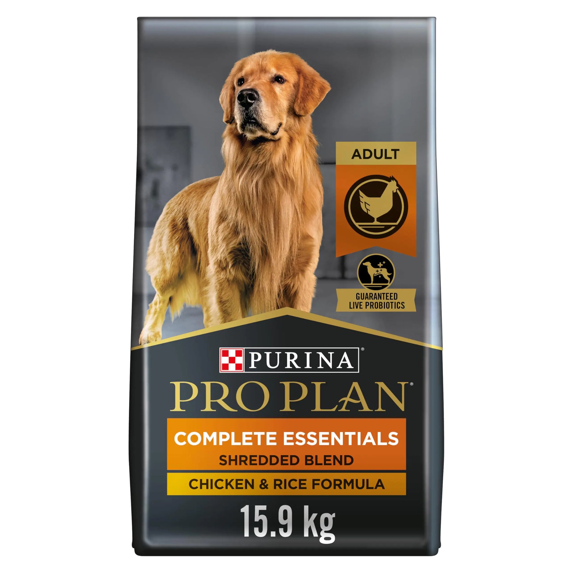 A bag of Purina Pro Plan Complete Essentials dog food, featuring a golden retriever, labeled as Chicken & Rice formula, 15.9 kg.
