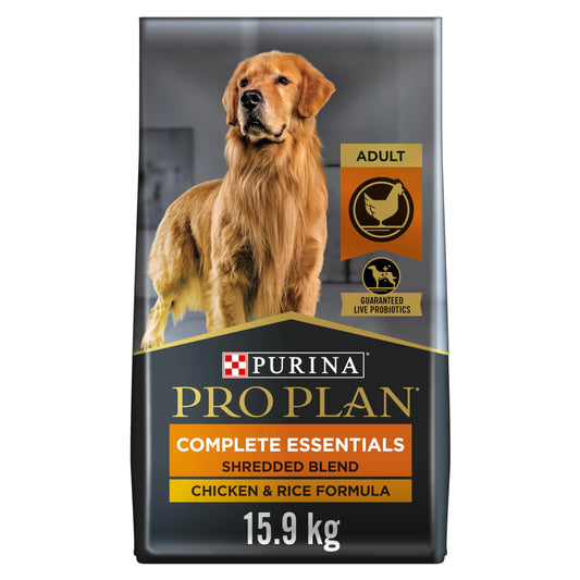A bag of Purina Pro Plan Complete Essentials dog food, featuring a golden retriever, labeled as Chicken & Rice formula, 15.9 kg.