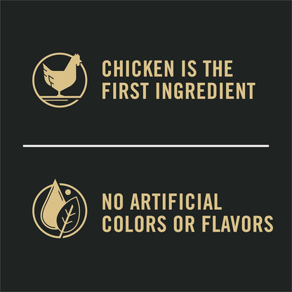 Text on a black background highlighting that chicken is the first ingredient and there are no artificial colors or flavors.