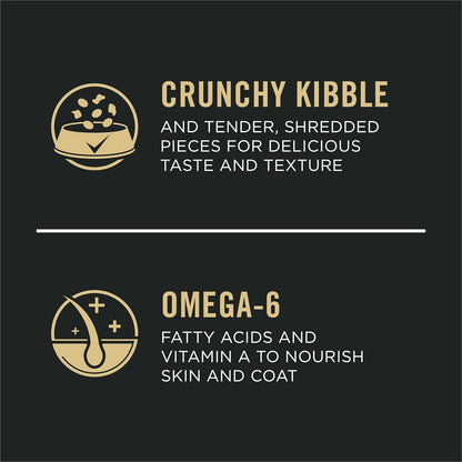 Text highlights benefits of pet food: "Crunchy kibble" for taste and "Omega-6" for healthy skin and coat.