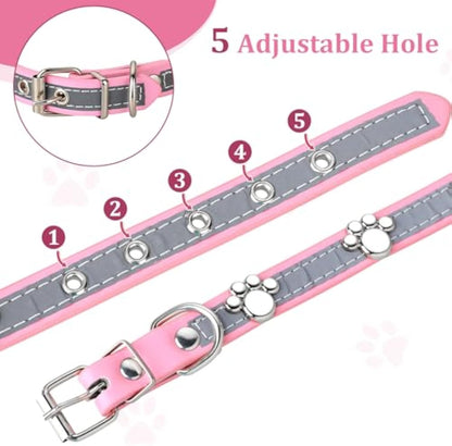 Reflective Leather Collar for Small Medium Large Dogs Cats, Adjustable Girl Puppy Dog Collars With Cute Paw Rivet - Shopinapets  Reflective Leather Collar for Small Medium Large Dogs Cats, Adjustable Girl Puppy Dog Collars With Cute Paw Rivet Shopinapets #