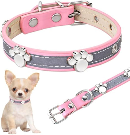 Reflective Leather Collar for Small Medium Large Dogs Cats, Adjustable Girl Puppy Dog Collars With Cute Paw Rivet - Shopinapets  Reflective Leather Collar for Small Medium Large Dogs Cats, Adjustable Girl Puppy Dog Collars With Cute Paw Rivet Shopinapets #