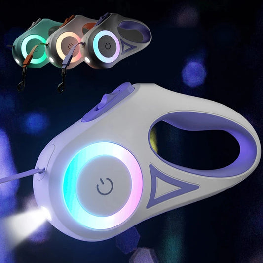 A colorful LED lighted dog leash with a flashlight feature, showcasing various color options against a dark background.