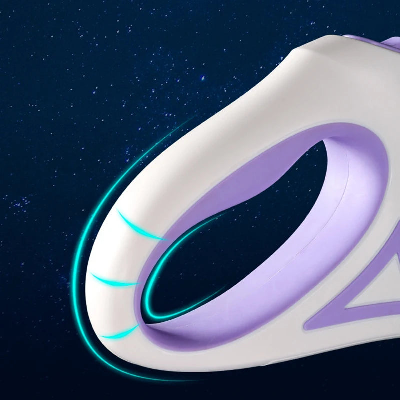 Close-up of a futuristic handheld device with a smooth, ergonomic grip, featuring blue LED accents against a starry background.