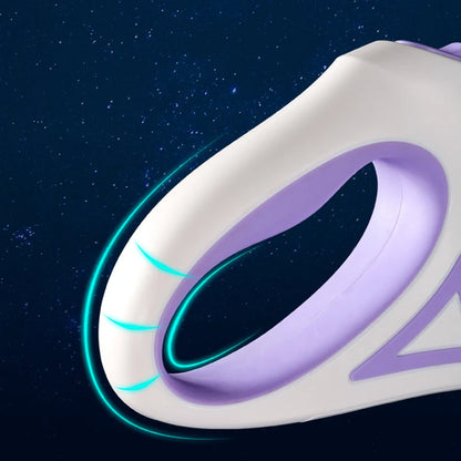 Close-up of a futuristic handheld device with a smooth, ergonomic grip, featuring blue LED accents against a starry background.