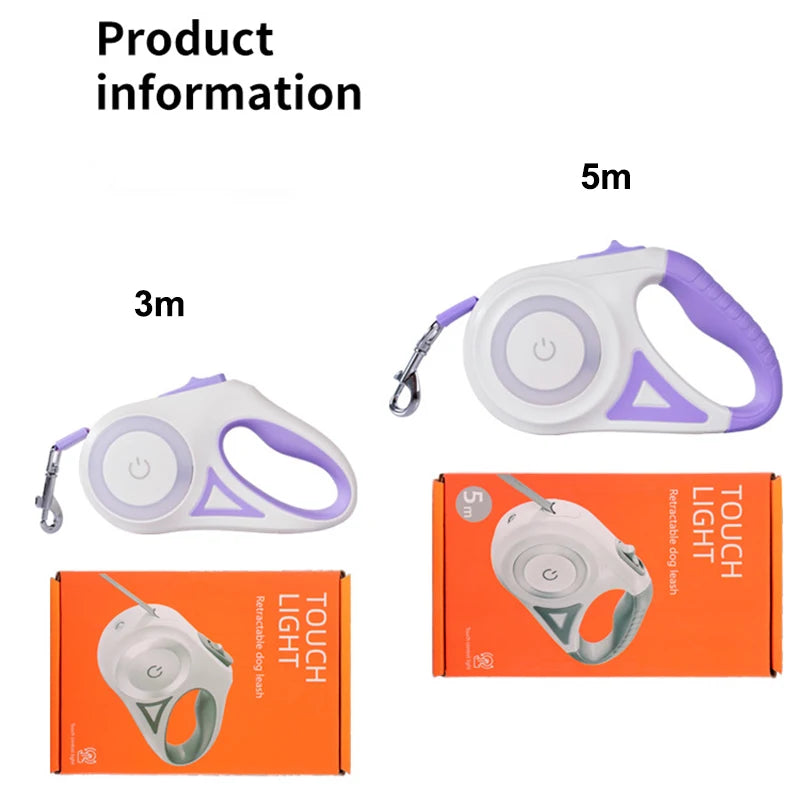 Image features two retractable dog leashes, 3m and 5m lengths, displayed alongside their packaging. Both are in white with purple accents.
