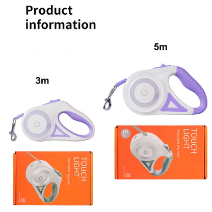 Image features two retractable dog leashes, 3m and 5m lengths, displayed alongside their packaging. Both are in white with purple accents.