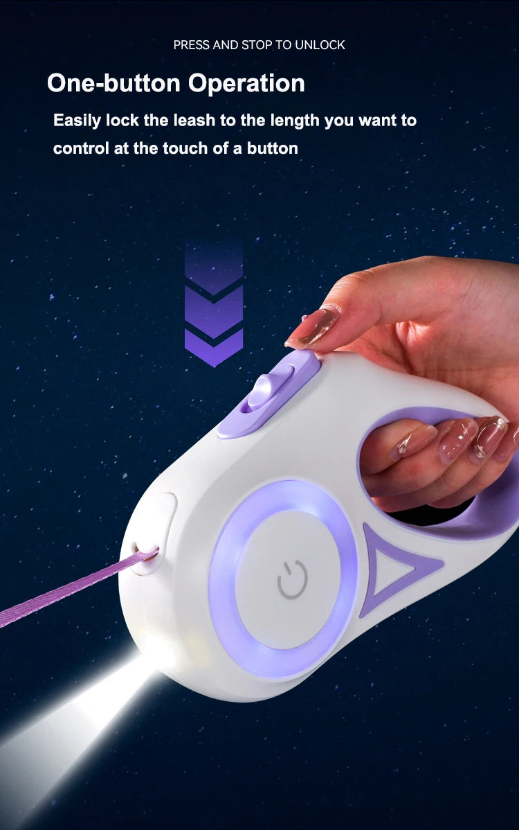 Hand holding a white and purple dog leash with a button, designed for easy locking and unlocking, set against a starry background.