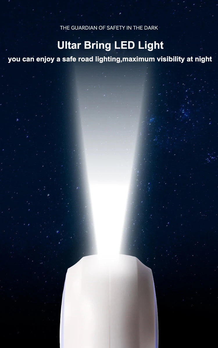 An LED flashlight emits a bright beam of light against a starry night background, highlighting its purpose for safety and visibility.