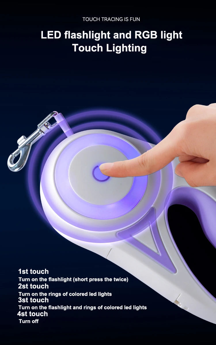 A hand presses a button on a device with LED lighting options, demonstrating various flashlight and RGB light functions.
