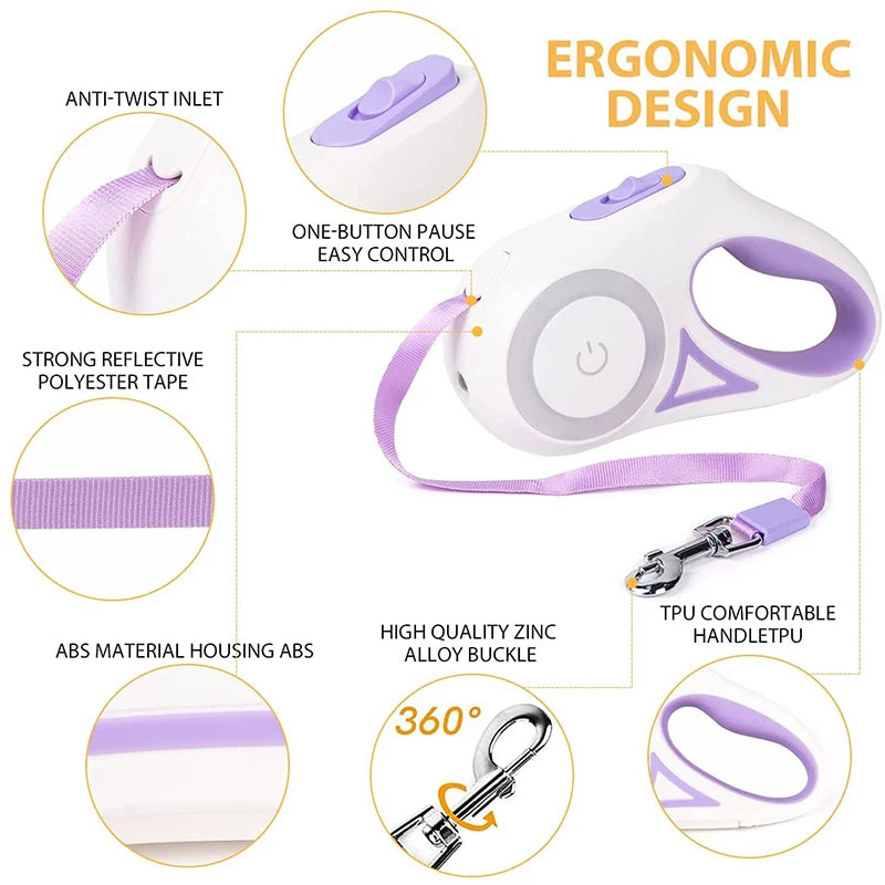 Image of a dog leash with ergonomic design features, including a one-button control, reflective tape, and durable materials.