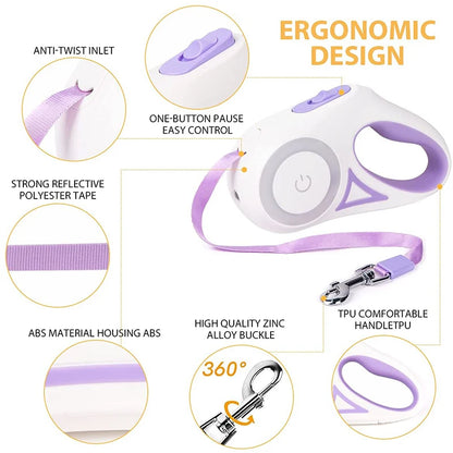 Image of a dog leash with ergonomic design features, including a one-button control, reflective tape, and durable materials.