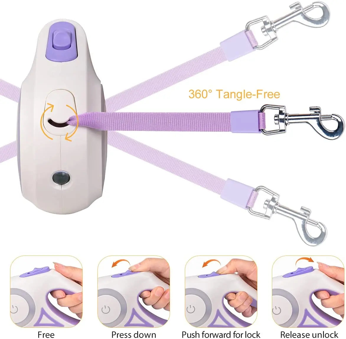 A purple retractable dog leash with a 360° tangle-free design showcasing usage instructions for locking and unlocking.