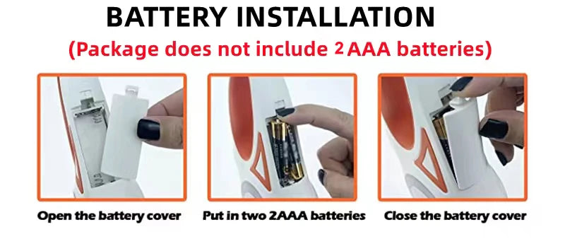 Image showing three steps for battery installation: open cover, insert two AAA batteries, and close cover. Reminder: batteries not included.