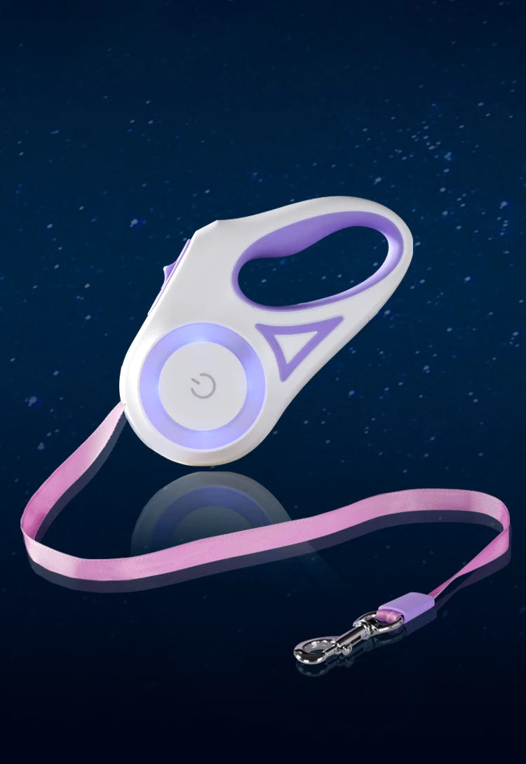 A stylish retractable dog leash with a white and purple handle, featuring a glowing button and a pink strap.