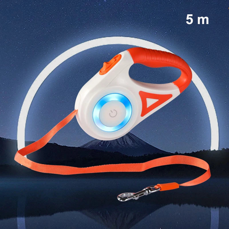A retractable pet leash with an LED light, set against a starry night sky and mountain backdrop, showcasing a 5m length.
