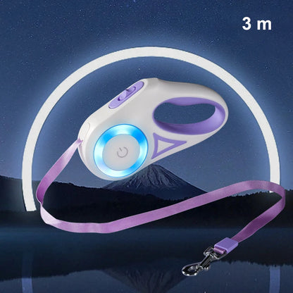 A retractable dog leash with a blue LED indicator, set against a night sky with mountains, labeled "3 m."