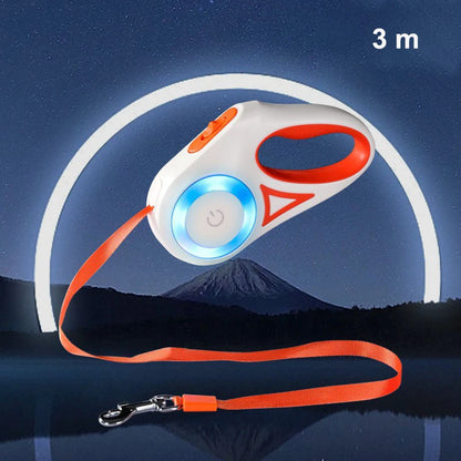 A retractable dog leash with an LED light, featuring an ergonomic handle and a 3-meter orange strap, set against a night sky.