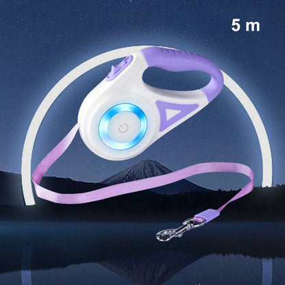A white and purple retractable dog leash with a glowing button, set against a night sky and mountain backdrop, extending 5 meters.
