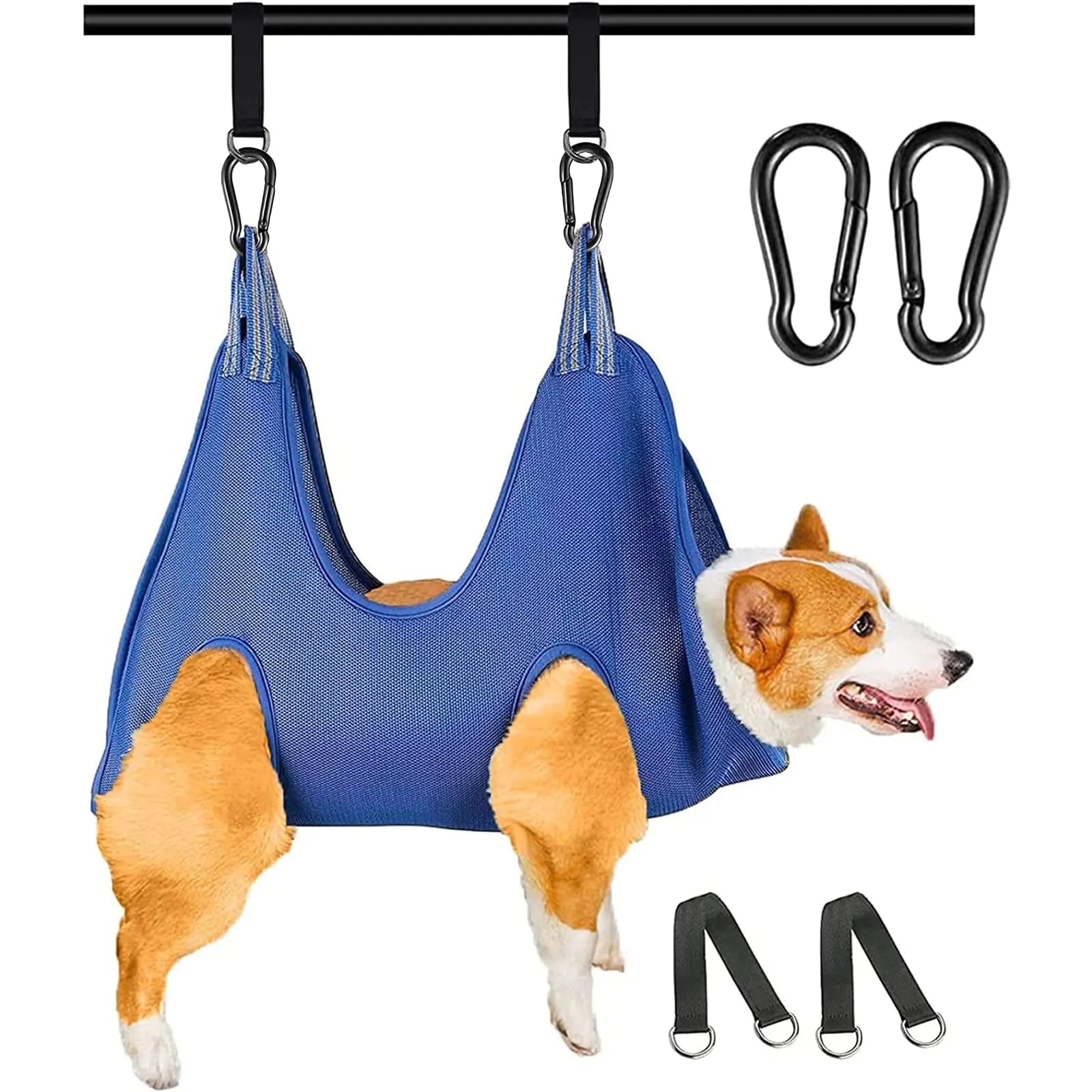 Blue pet hammock with a dog inside, carabiners, and straps on a white background