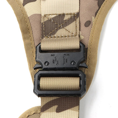 Close-up of a tactical belt with camouflage pattern and black buckle on a white background