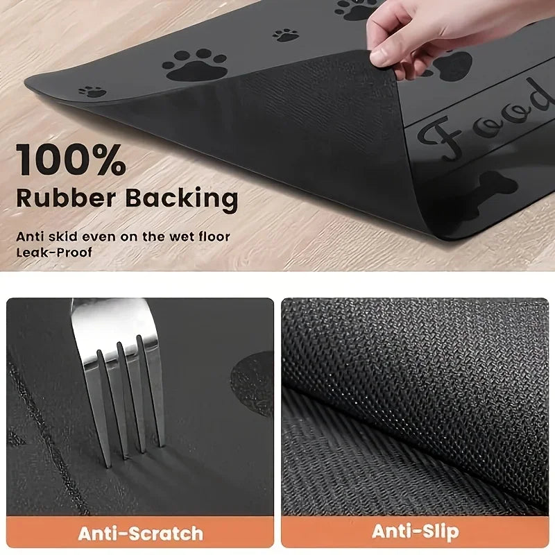 Black pet mat with paw prints on a wooden floor, featuring text about its properties.