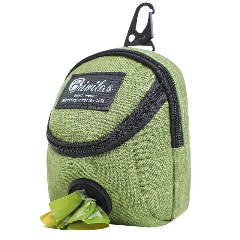 Green waste bag holder with black zipper and carabiner on a white background