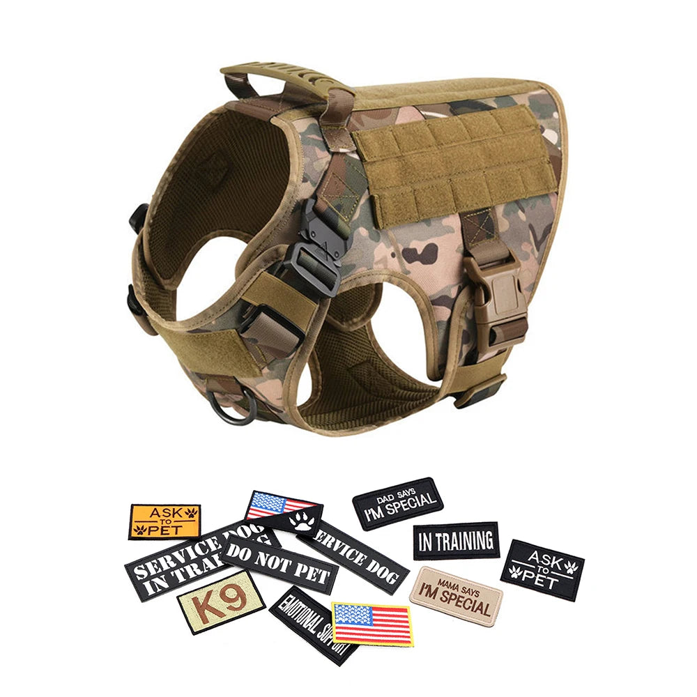 Camouflage dog harness with various patches on a white background