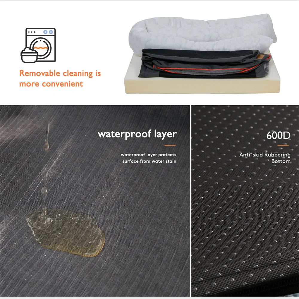Mattress topper with waterproof layer and anti-slip bottom, showing cleaning convenience and material details.