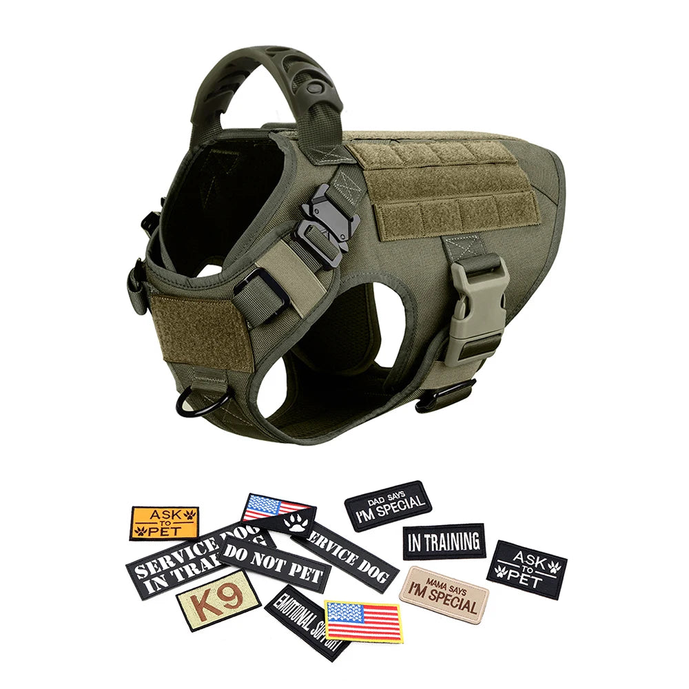 Tactical dog harness with various patches on a white background