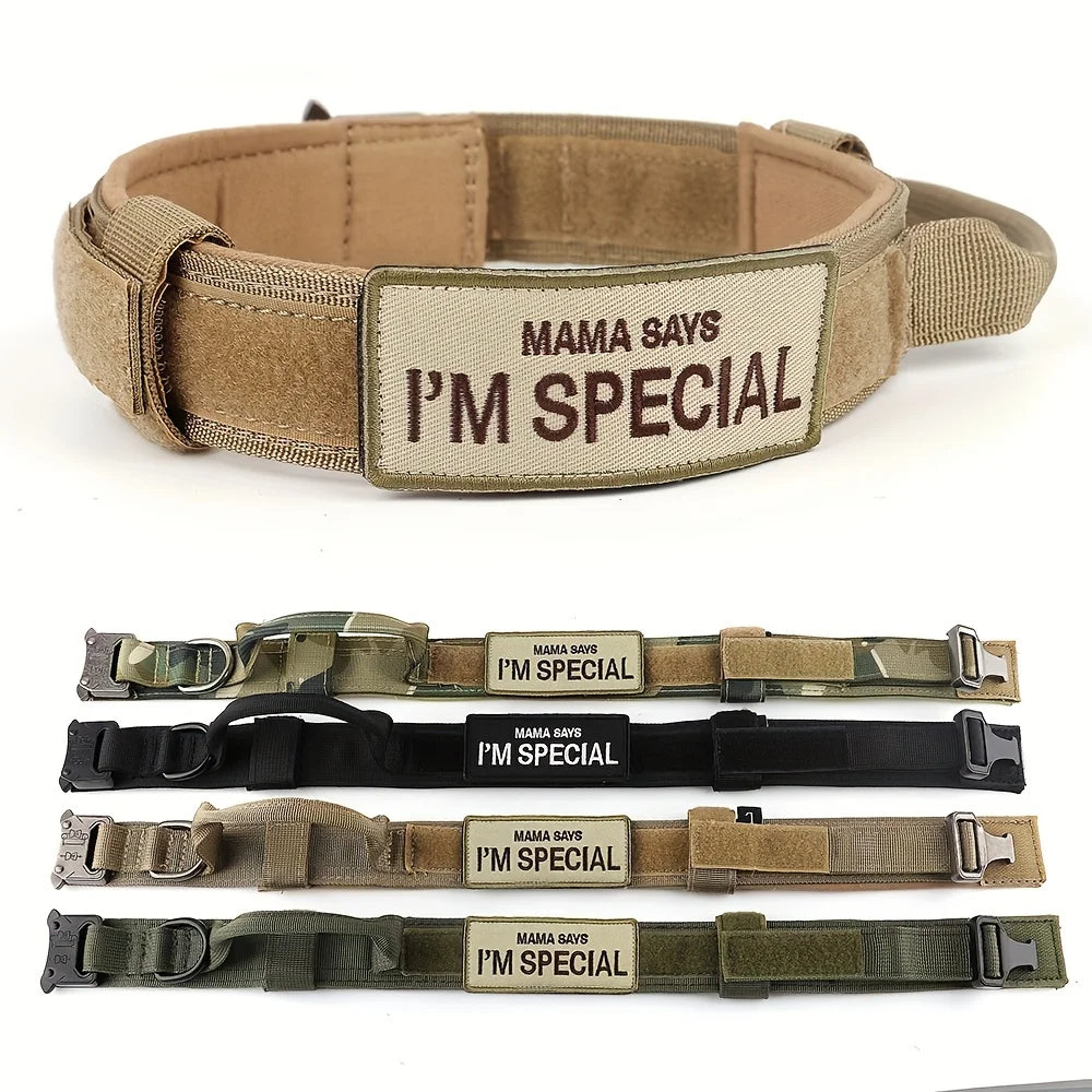 Set of tactical dog collars with 'Mama Says I'm Special' patches in various colors on a white background.