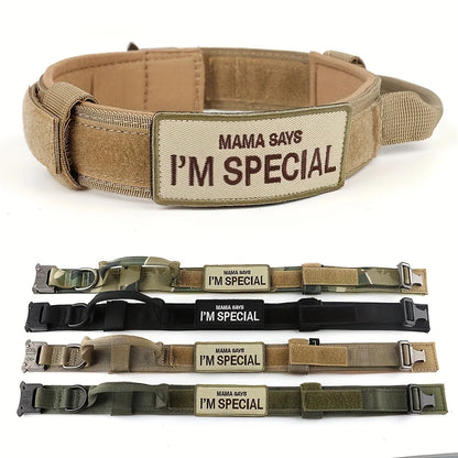 Set of tactical dog collars with 'Mama Says I'm Special' patches in various colors on a white background.