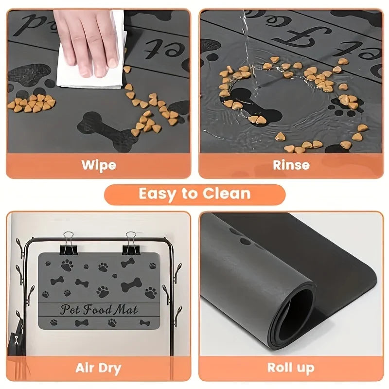 Pet food mat with cleaning instructions and features displayed.