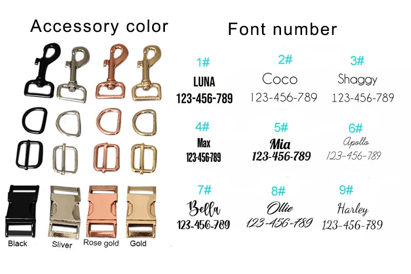 Color swatches and font number options for accessories on a white background